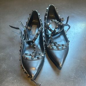 Valentino Black Rockstud Pointed Leather Strap Flats